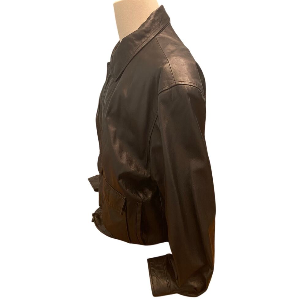 Cougar Leather Black Bomber Jacket Men’s L Zip Front Snap Pockets Elastic Hem - Picture 3 of 11